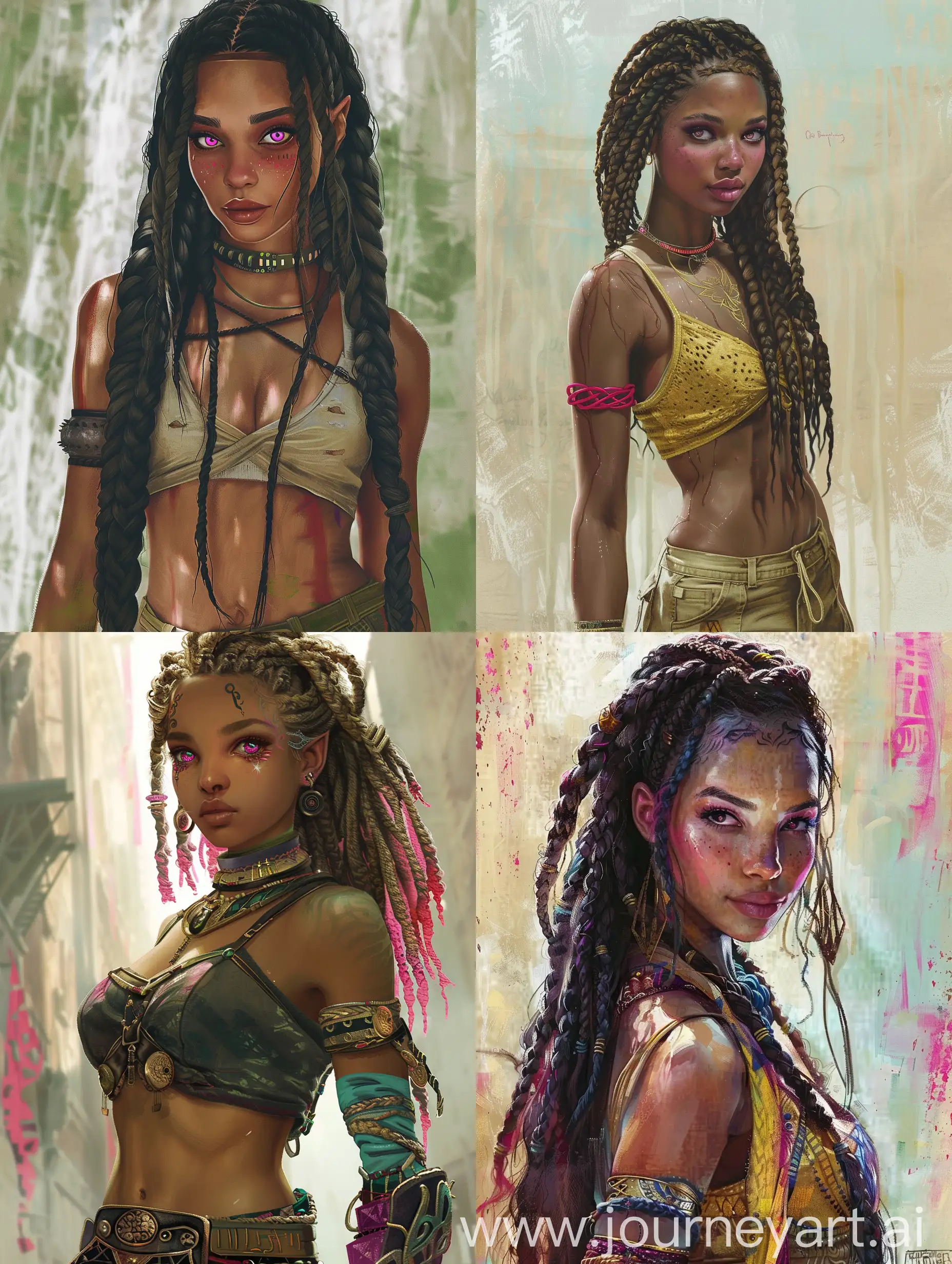 Starting point of details; imagination and fantasy brought to life through ai creativity, megapixels, painting, photo realism, waist up wide shots, intricate immense details bringing characters of story to life.  

Subject details 1; a demigoddess of African heritage.   

Subject details 2; tall beautiful, braided hair pink eyes. 

Detail style and color; detailed paiting by gaston bussiere, craig mullins, Impressionism, impasto, baroque, impressionist, mythological oil painting watercolor painting, -- iw 1.6