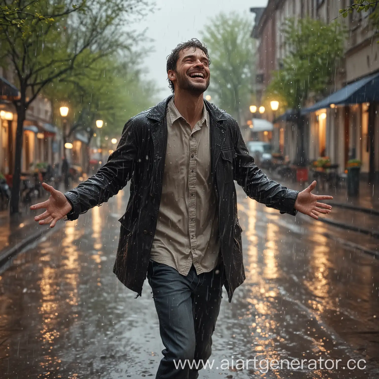 Man-Celebrating-Spring-Rain-on-Evening-Street