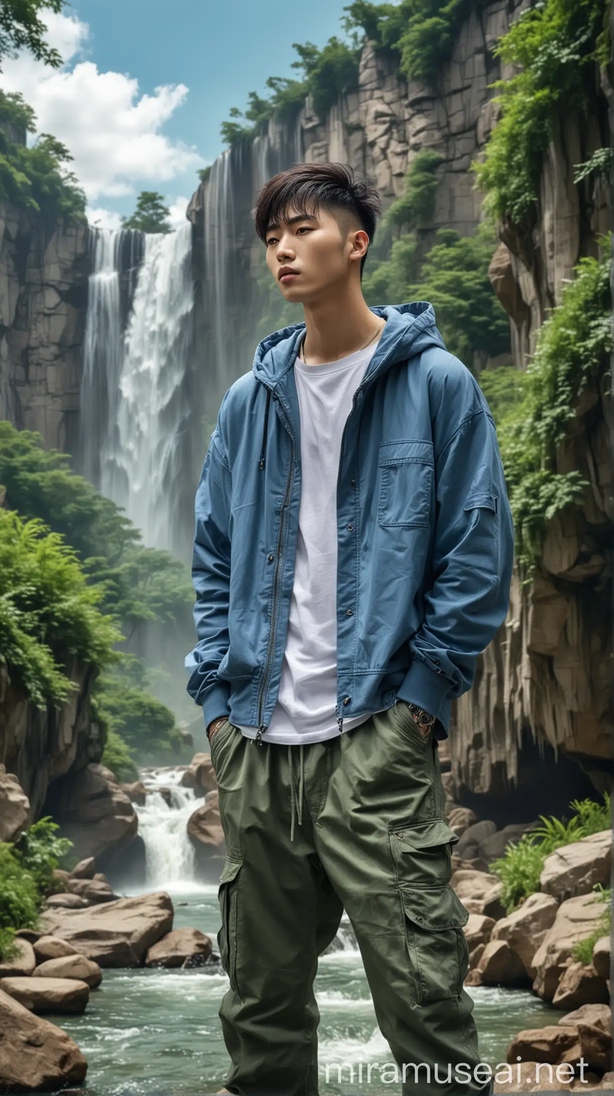 Seorang pria Korea tampan rambut undercut, memakai jaket Hoodie dan celana cargo panjang, sedang menikmati suasana alam yg sejuk, background air terjun, pepohonan yg hijau dan subur, awan biru yg cerah, realistis ultra HDR extreme original face pastikan hari tangan sempurna 