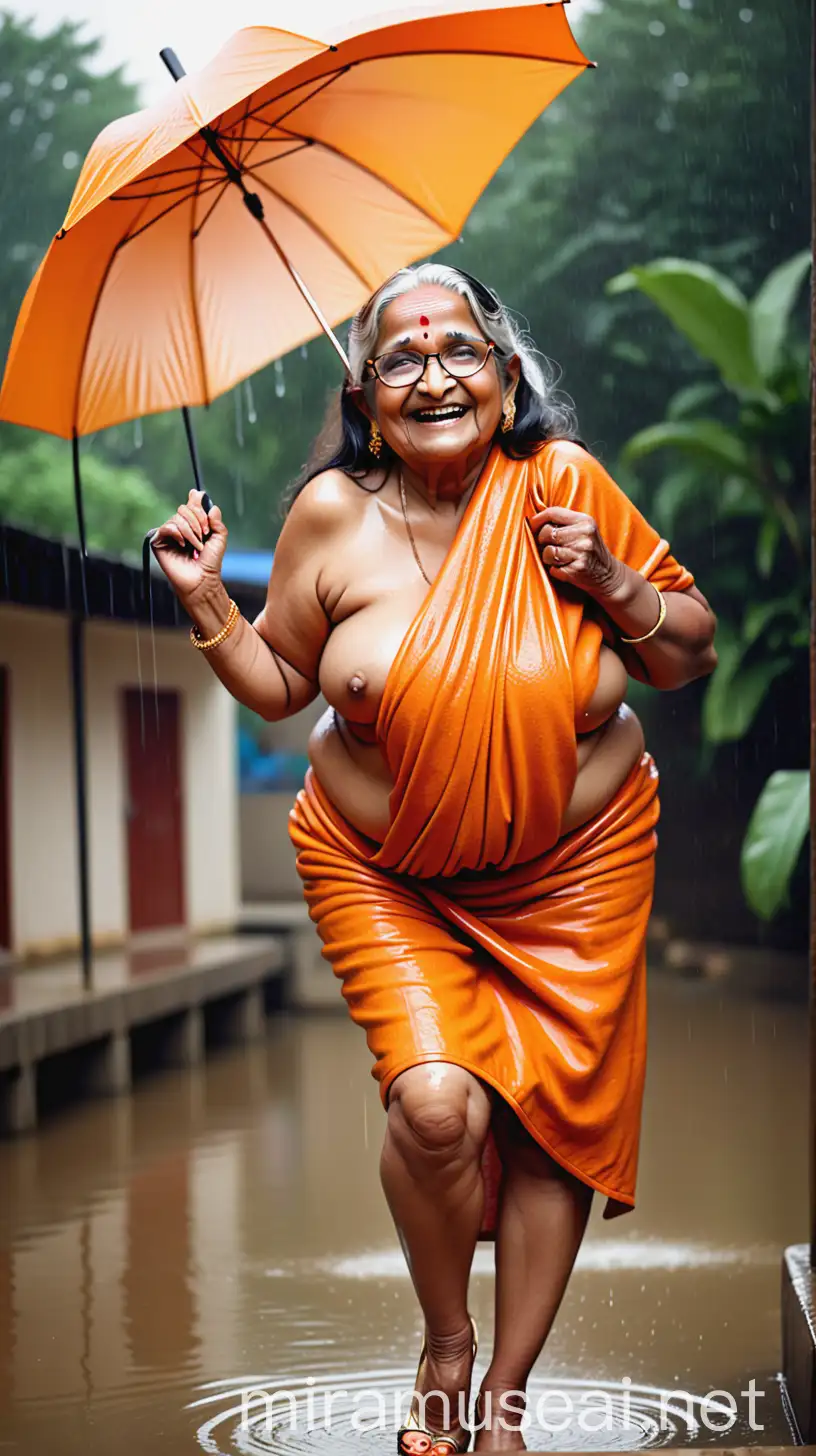 a mature fat curvy  indian  woman with 95 years old age wearing a Prescription Eyeglasses on face and gold ornaments with curvy body wearing a  orange leather  wet bath towel  with full make up ,open long hair style,   , doing  squats holding an umbrella   wearing high heels on feet  near a river court yard   , she is happy and smiling, its raining 
