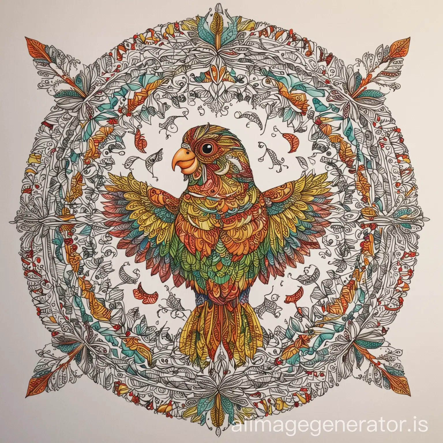 coloreado hoja para adultos, mandala, imagen de loros, fondo blanco, arte de línea fina, -ar 2:3