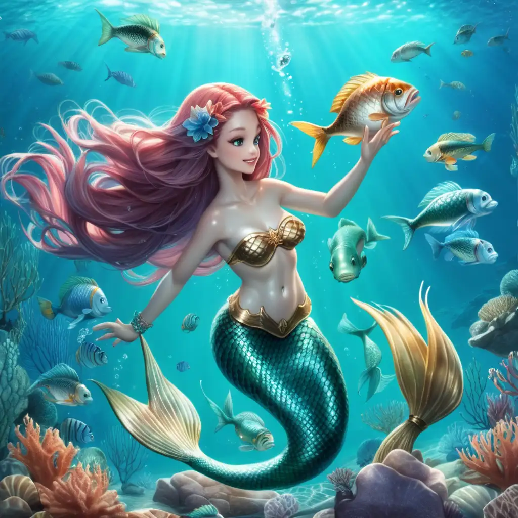 mermaid playing with fish in the ocean