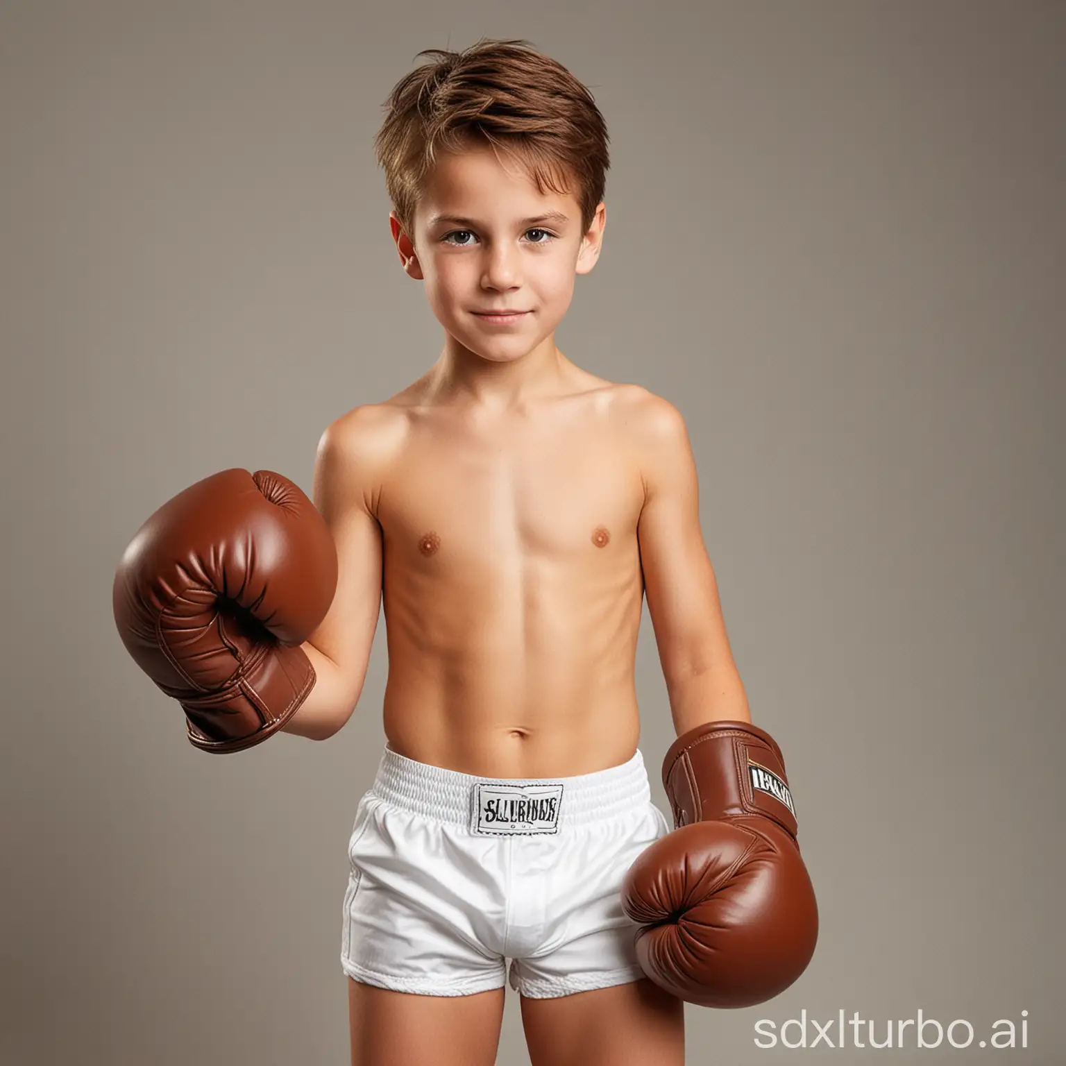 young shirtless boy wearing white trunks and large brown boxing gloves
