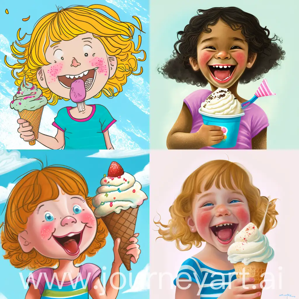a medium quality digital illustration of a girl aged 7 eating ice-cream, realistic, close shot, flashcard design, children's educational material, colorful, vibrant, front view, detailed, educational illustration, English language learning, primary school, happy expression, isolated background. Include negative prompt
