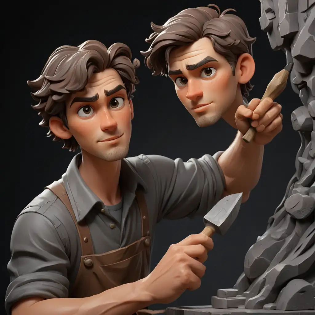 Cartoon-Sculptor-Crafting-Statue-with-Chisel-on-Dark-Background