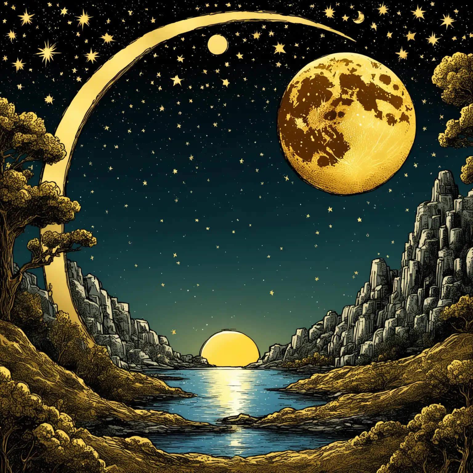 I need a golden round moon photo to use as an avatar, in American comic style, richly detailed, with magical element decoration. Ensure that there is only one moon in the picture.