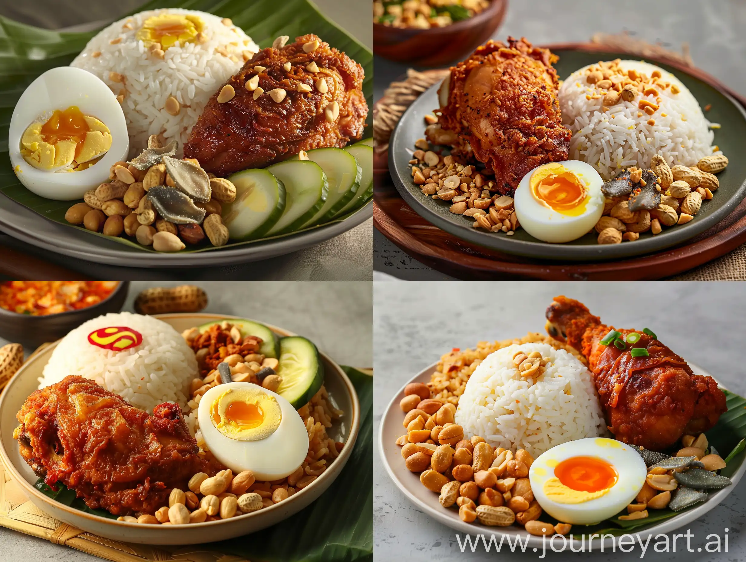 Create a high-resolution photograph of a traditional Nasi Lemak dish, artistically plated. The dish should feature a perfectly cooked portion of fragrant coconut rice. Accompany this with a half-boiled egg, a generous sprinkle of crispy peanuts and anchovies for a savory crunch. Include a piece of spice-fried chicken thigh, golden and juicy, as the centerpiece. Ensure the presentation is vibrant, with each component distinctly visible and attractively arranged to highlight the rich textures and colors. The background should be neutral to emphasize the vividness of the meal, enhancing its visual appeal.