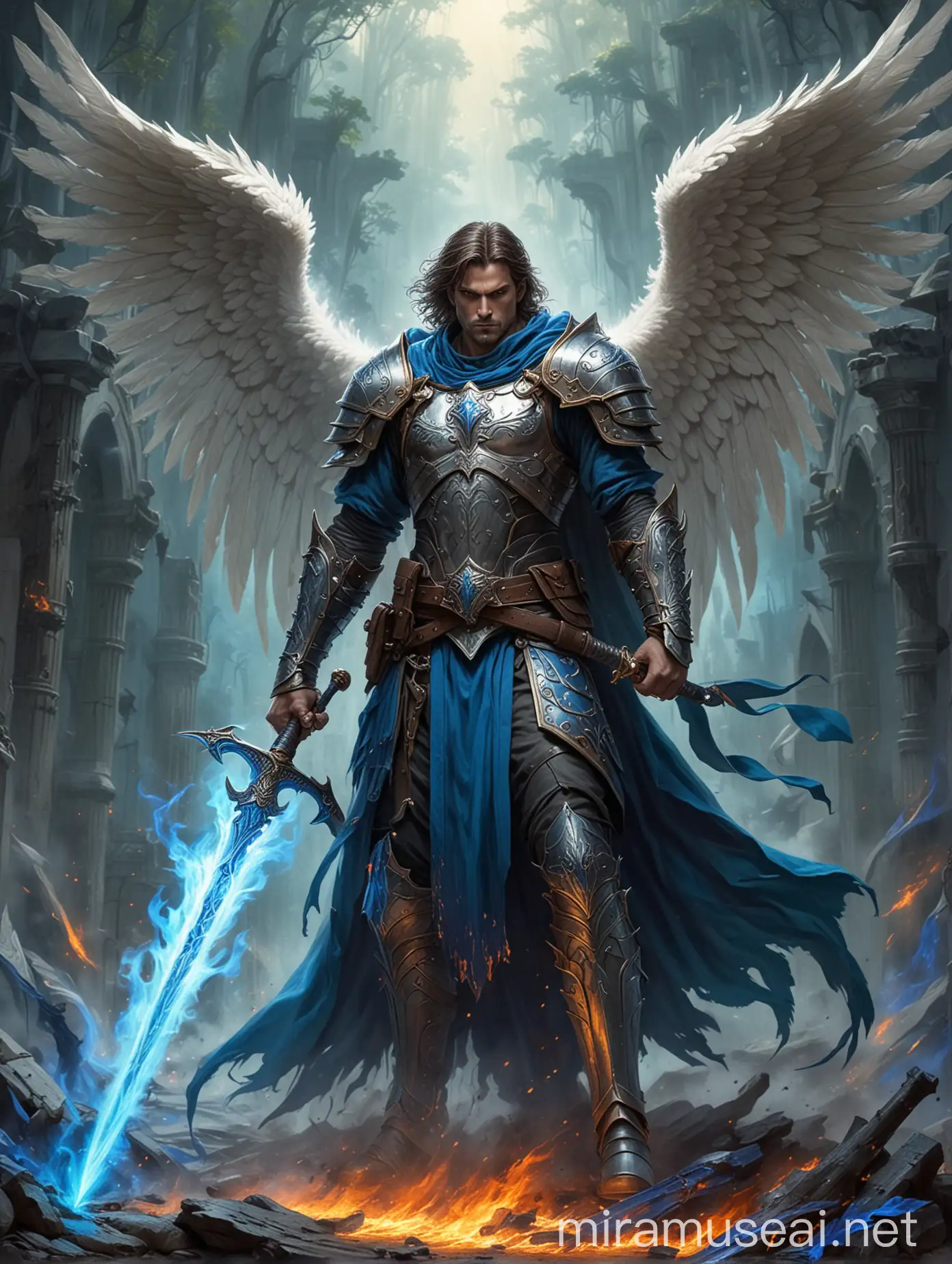 Male angel commander, with an aureol, with a sword made of blue flames, background is an encampement, he is menacing an unknow menace with is sword on the bottom right of the picture