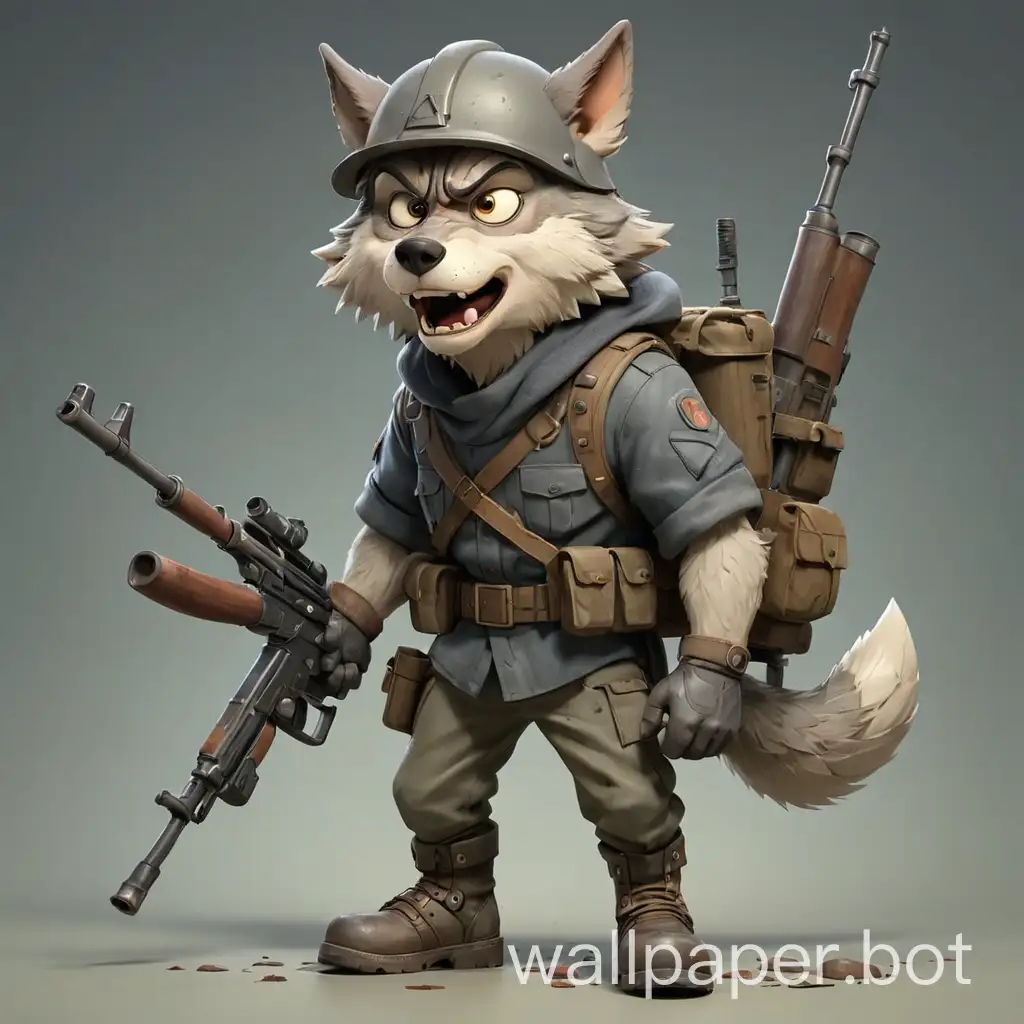 A sad wolf in cartoon style, threatening pose, full body, soldier grimy clothes with boots and helmet, with a rifle, with clear background