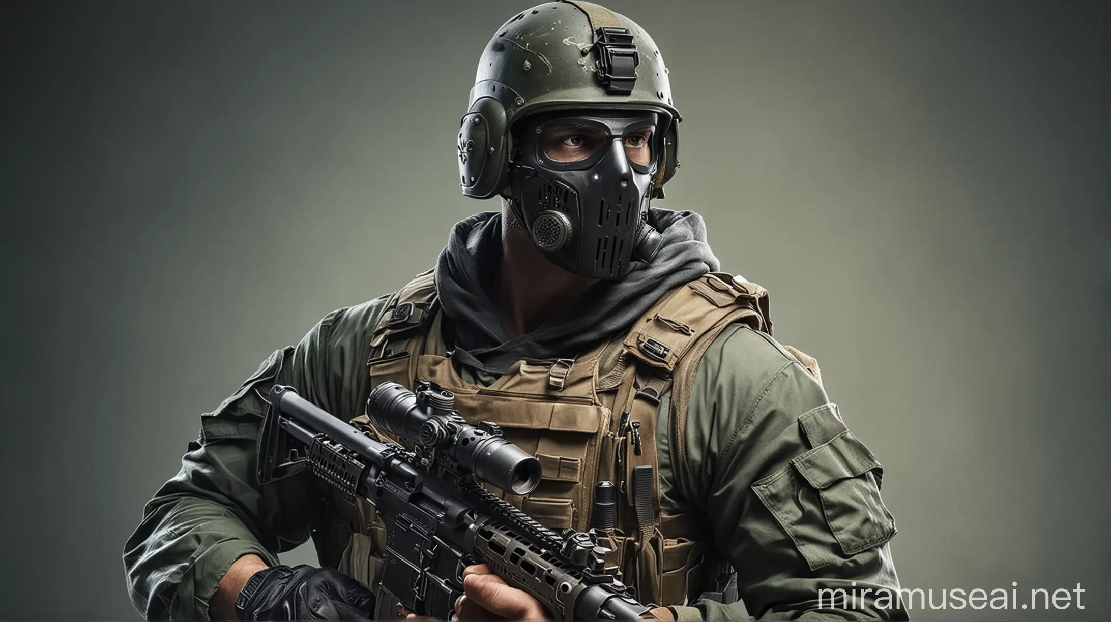Create a commando with a gun in hand, with a mask on his face and military helmet on the head