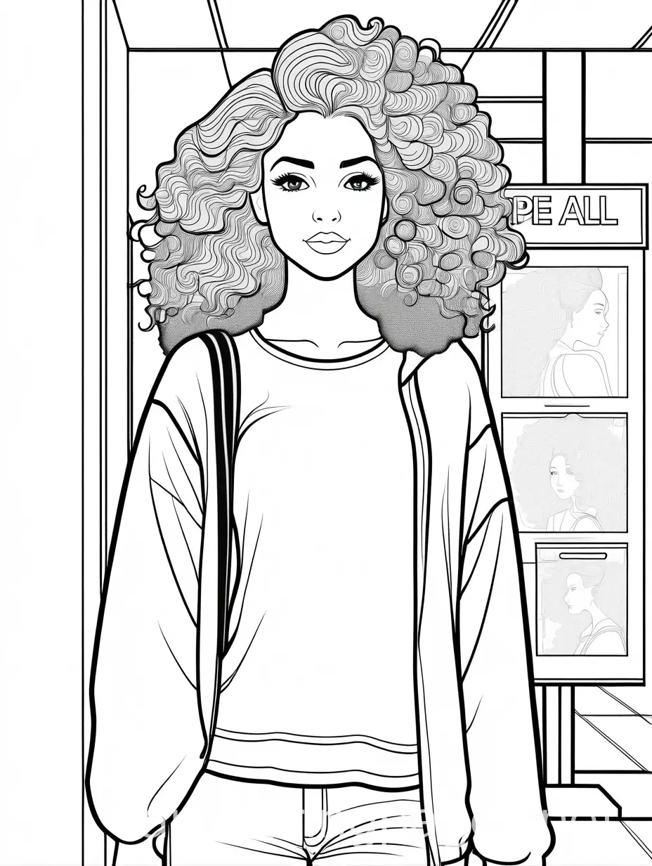 TEENAGE GIRL WITH BIG HAIR AND SHOULDER PADS STANDING IN THE MALL, Coloring Page, black and white, line art, white background, Simplicity, Ample White Space. The background of the coloring page is plain white to make it easy for young children to color within the lines. The outlines of all the subjects are easy to distinguish, making it simple for kids to color without too much difficulty