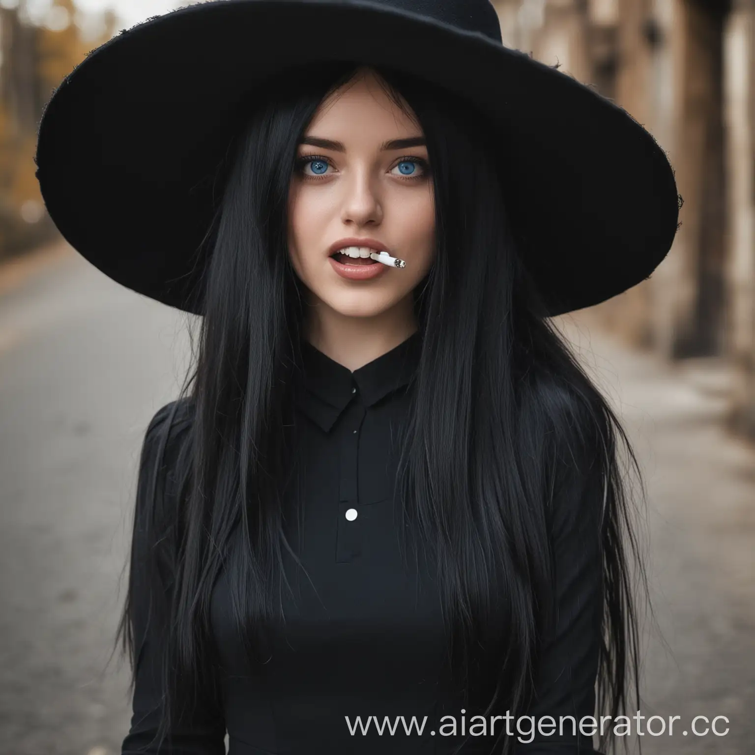 Девушка, длинные чёрные волосы, голубые глаза, в чёрном длинном платье, сигаретой в зубах, большой шляпой на голове