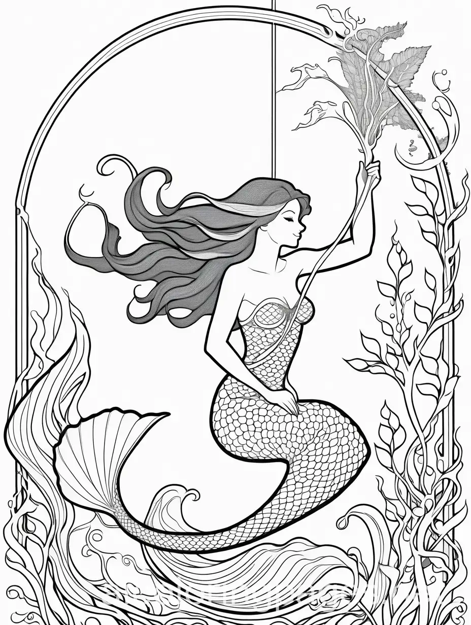 A mermaid swinging on a vine of seaweed., Coloring Page, black and white, line art, white background, Simplicity, Ample White Space. The background of the coloring page is plain white to make it easy for young children to color within the lines. The outlines of all the subjects are easy to distinguish, making it simple for kids to color without too much difficulty