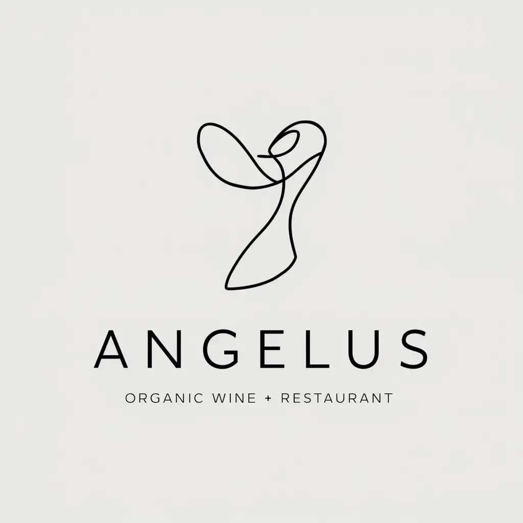 a logo design,with the text "ANGELUS", main symbol: Minimalist single-line drawing artwork for organic wine and restaurant business "ANGELUS," incorporating modern aesthetics, simplicity, and harmony, representing the name "ANGELUS.",Minimalistic,be used in wine and restaurant industry,clear background