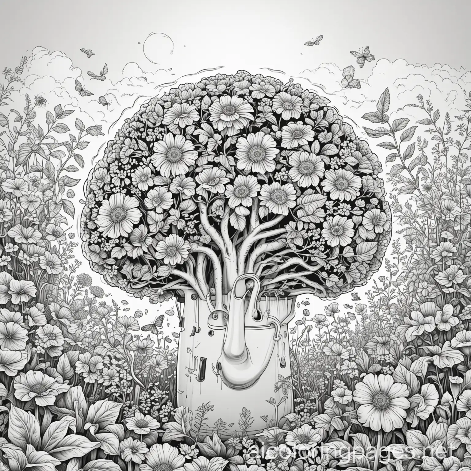 An outlined illustration of a garden scene with a large brain or mind shape in the center. The brain is surrounded by flowers, leaves, and vines, with a small watering can and sunshine above, line art, coloring page, black and white, white background, simplicity, Coloring Page, black and white, line art, white background, Simplicity, Ample White Space.