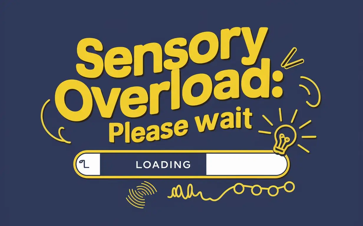 Create a playful and humorous design featuring the phrase 'Sensory Overload: Please Wait'. The design should be suitable for direct-to-garment printing on various apparel items. Use a modern, clean font for the text. Incorporate a loading bar graphic below the text, partially filled, to emphasize the 'please wait' message. Add subtle, whimsical elements such as small icons or symbols representing different sensory inputs (like sound waves, light bulbs, touch symbols) around the loading bar. Use a bright and contrasting color scheme with shades like yellow, blue, and white to make the design visually engaging. Ensure the text is clear and the overall design is playful yet informative, highlighting the experience of sensory overload with a humorous twist. The design should be simple yet impactful, maintaining a balance between creativity and print quality.