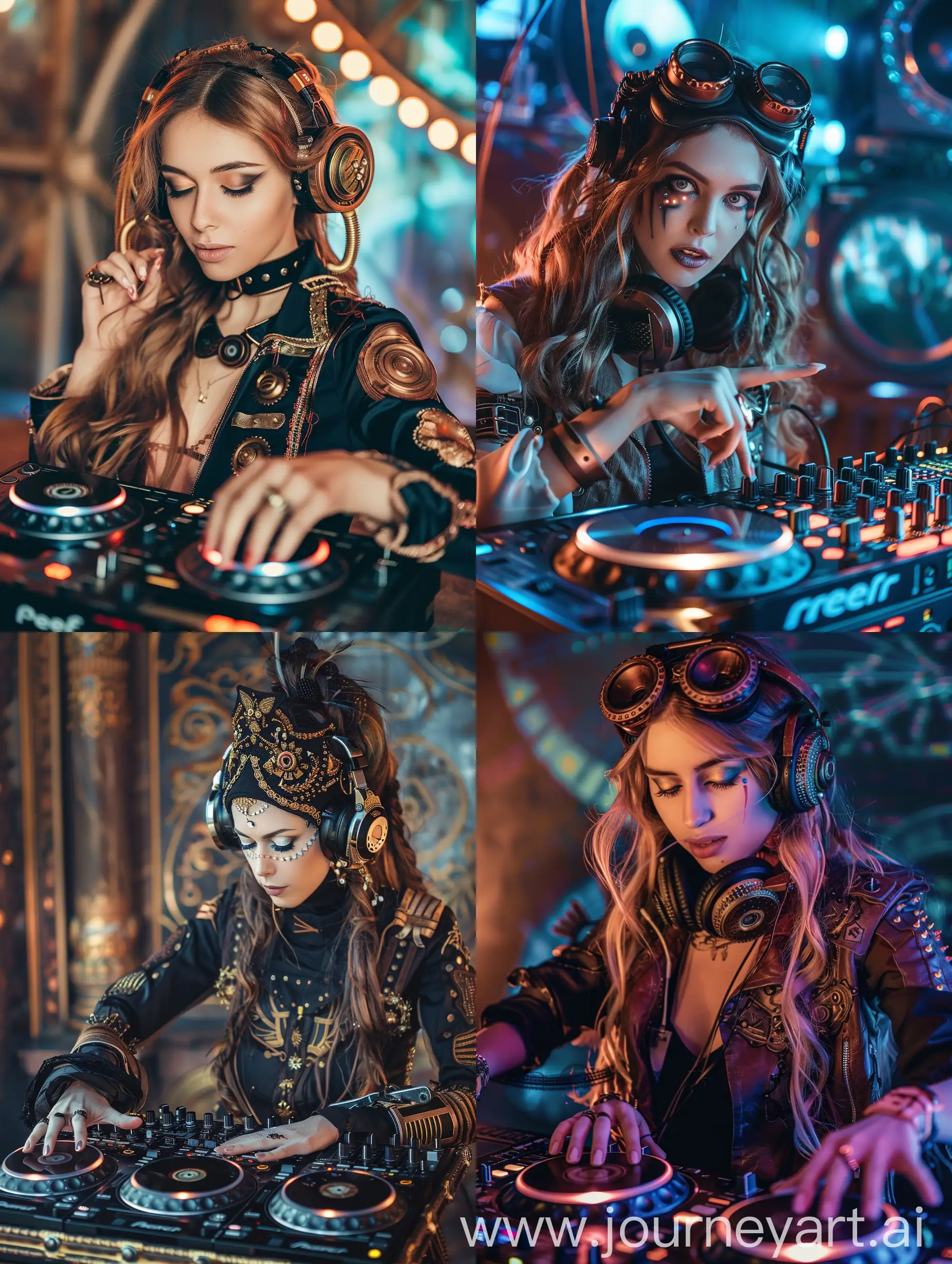 young woman beautiful steampunk DJ with psychedelic lighting