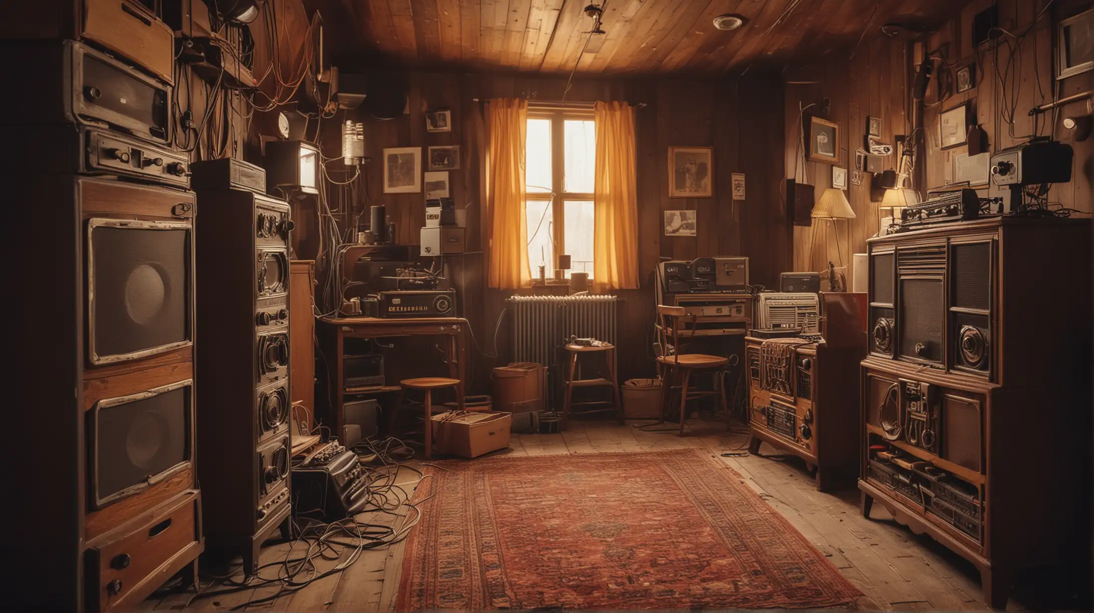 A large industrial-themed room filled with stacks of vintage old-time radios, and colored electrical wires running everywhere, one large wood-burning stove in the foreground. Cinematic lighting.