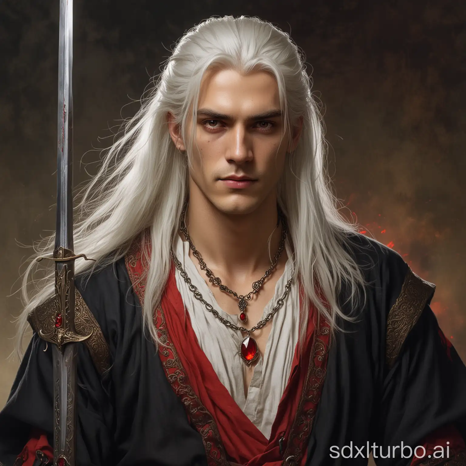 a man about 22, with long white hair that reaches his back, with crimson eyes, wearing a necklace with a bright red stone, wearing a long sword on his back, wearing medieval era clothes