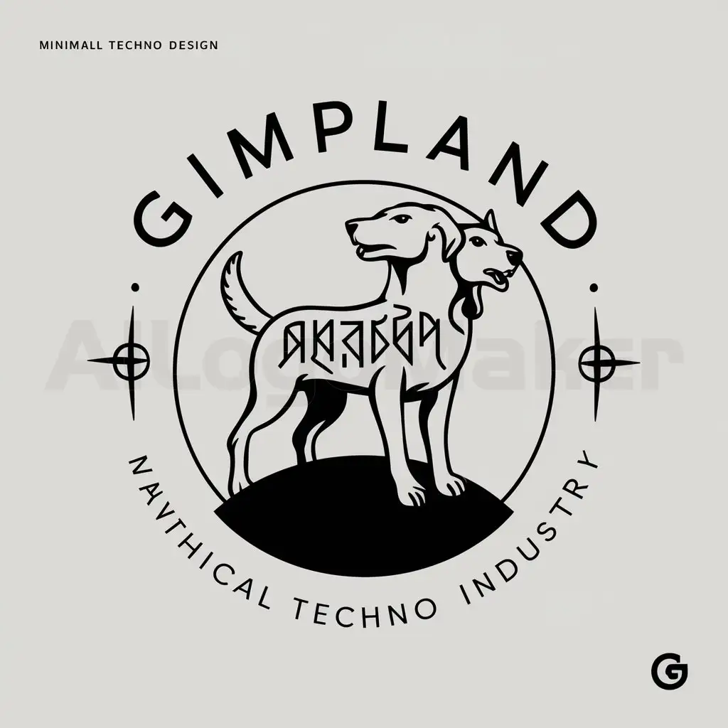 a logo design,with the text "GIMPLAND", main symbol:cerberus, Bulgarian runes, black moon, Karakonjul,Moderate,be used in DJ of Minimal Techno industry,clear background