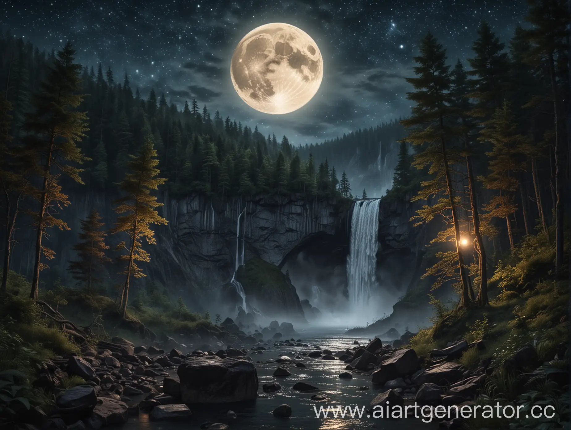 Serene-Moonlit-Night-Enchanting-Waterfall-in-Dark-Forest
