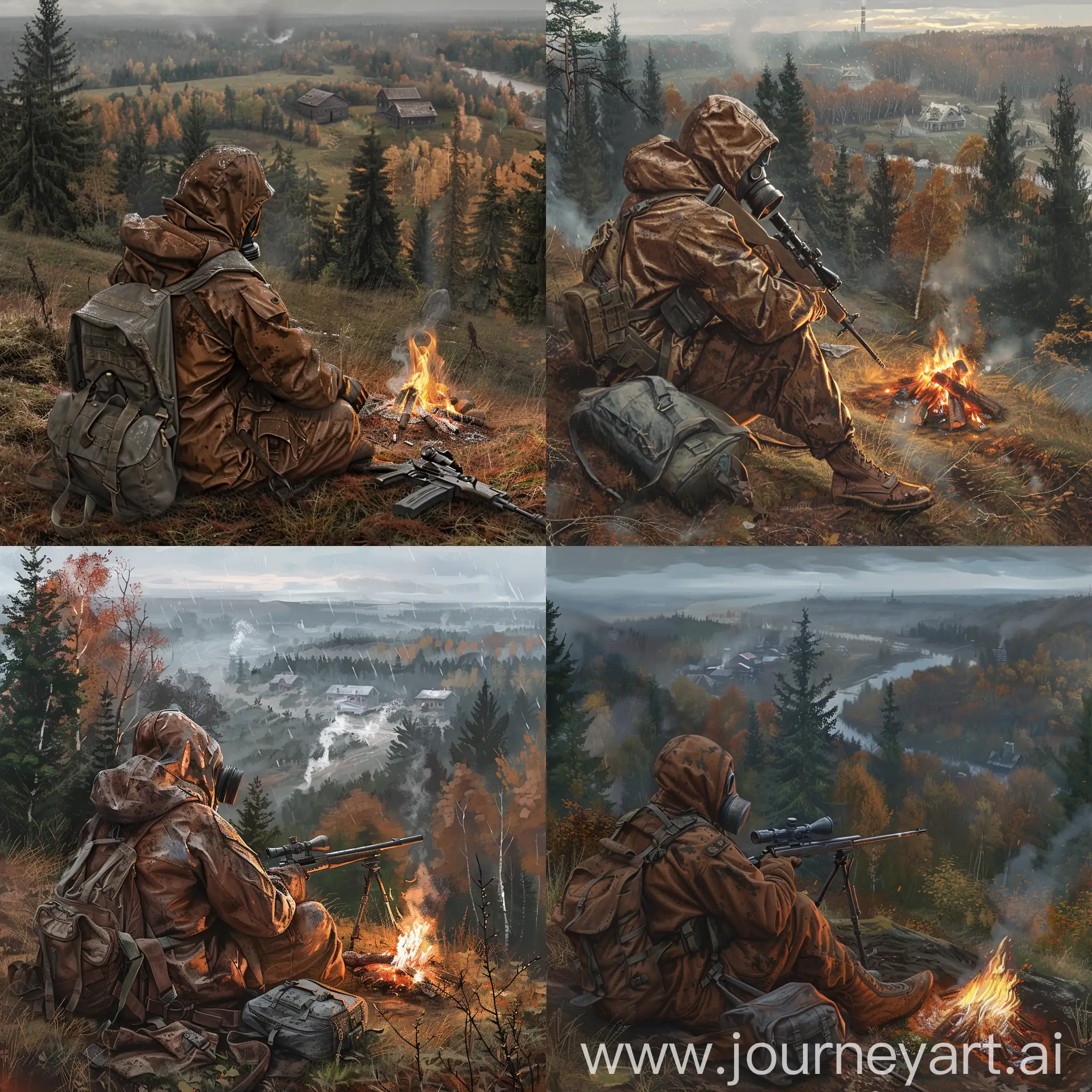 Stalker art, stalker are sitting on a hill by a campfire, stalker is wearing a brown military dirty raincoat with a gasmask on his face, he has a sniper rifle in his hands, a small gray backpack lies next to him, the weather is gloomy autumn, from the hill, where the stalkers are sitting, there is a view of the forest and an abandoned Soviet village standing in the distance.