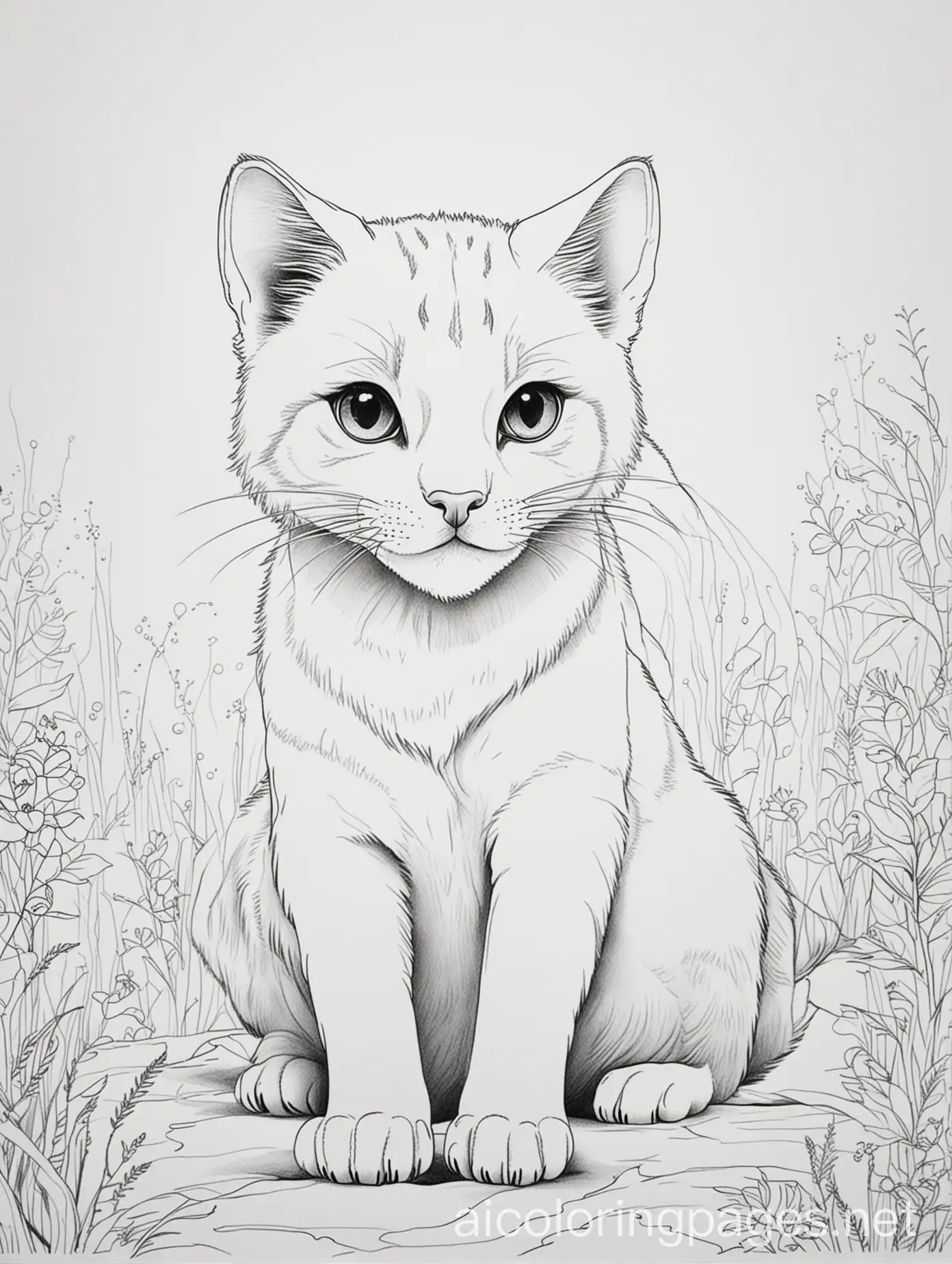 Wild cat, coloring page, black and white, line art, white background, simplicity, wide white space. The background of the coloring page is plain white to make it easier for young children to color within the lines. The outlines of all the themes are easy to distinguish, making it easy for children to color them without much difficulty, Coloring Page, black and white, line art, white background, Simplicity, Ample White Space. The background of the coloring page is plain white to make it easy for young children to color within the lines. The outlines of all the subjects are easy to distinguish, making it simple for kids to color without too much difficulty