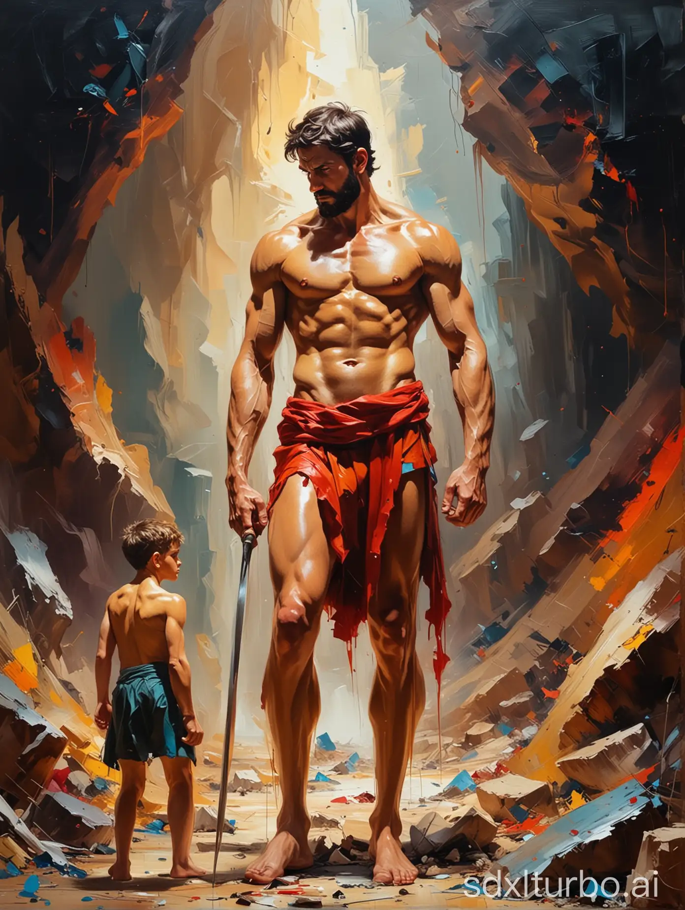 Vivid-Cinematic-Abstraction-Painting-David-and-Goliath-Confrontation