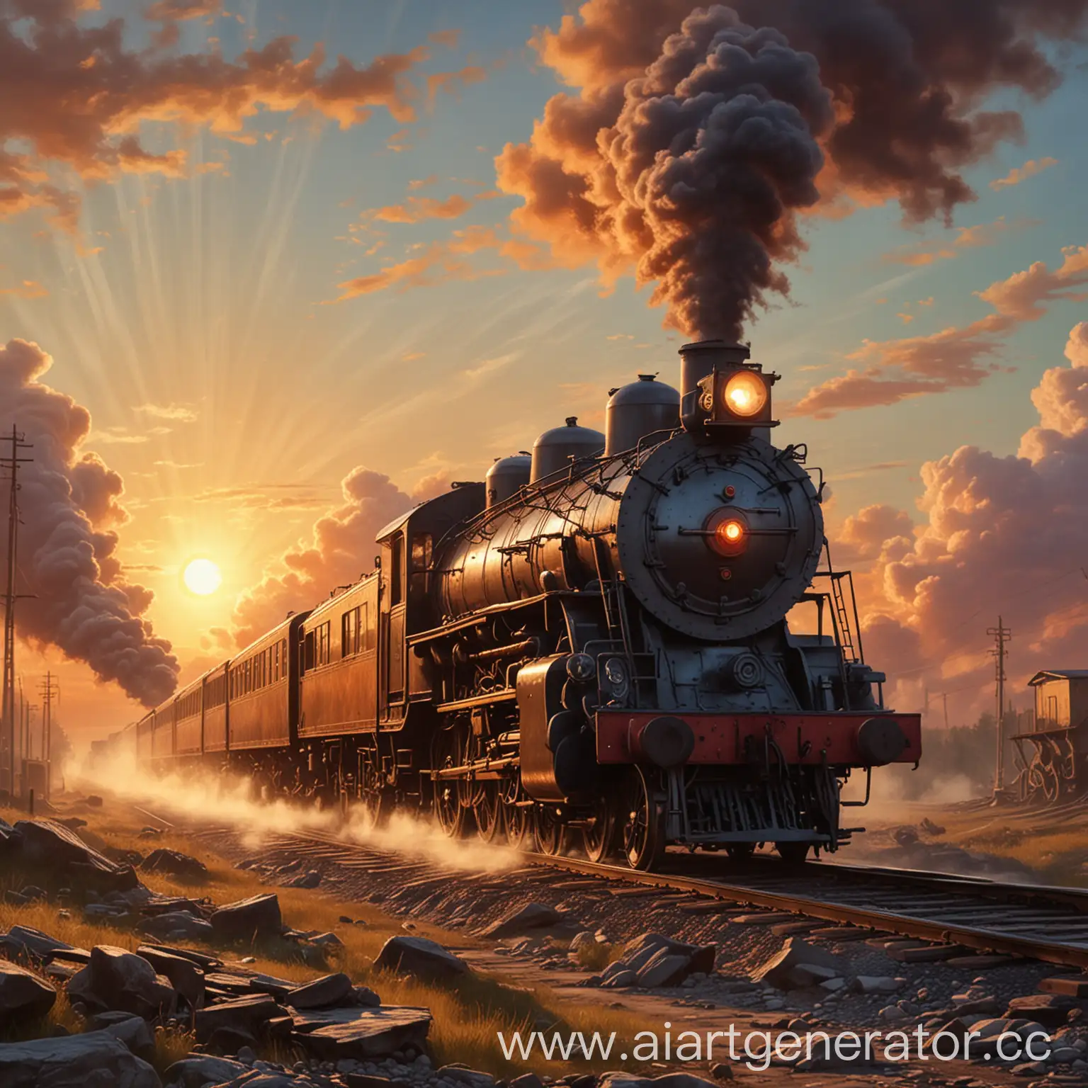 Steam-Locomotive-Going-Towards-Sunset-in-Socialist-Realism-Style