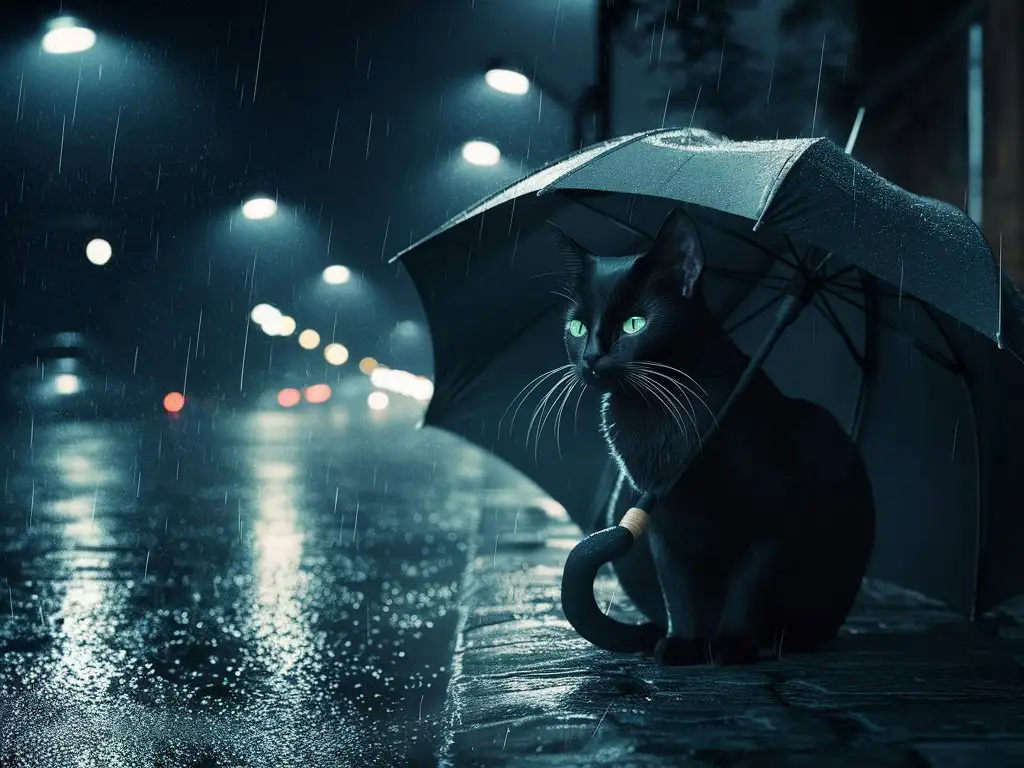 Lonely-Black-Cat-Waiting-in-Rain-at-Night
