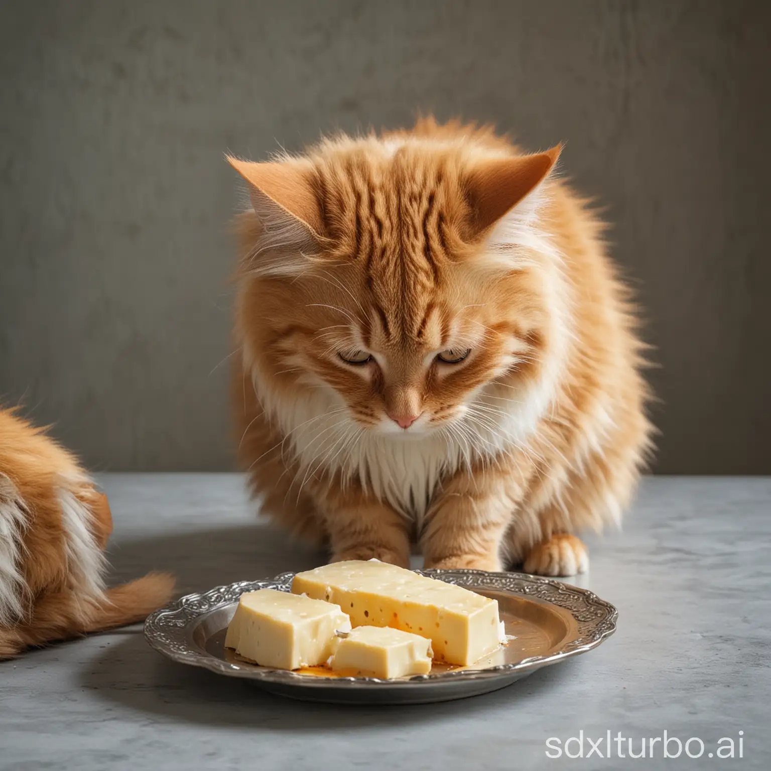 an orange fluffy cat eating cheese from a silver plate