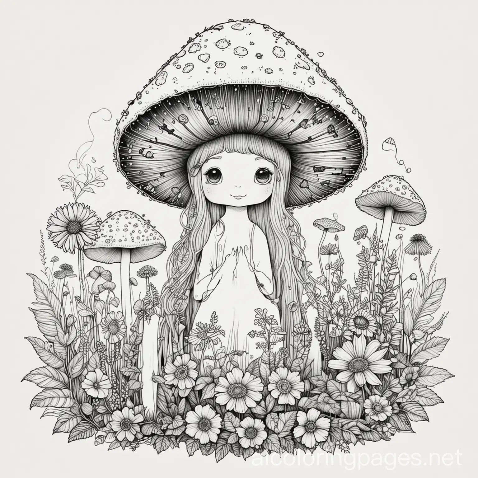 Hippies and flowers and mushroom, Coloring Page, black and white, line art, white background, Simplicity, Ample White Space
