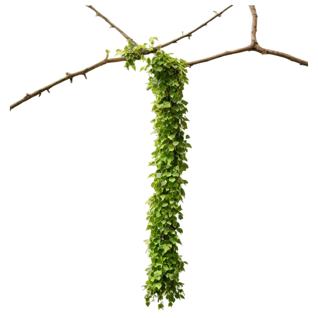 Messy jungle vines liana plant climbing hanging on jungle tree trunk and twisted around tree branch, isolated on transparent background.