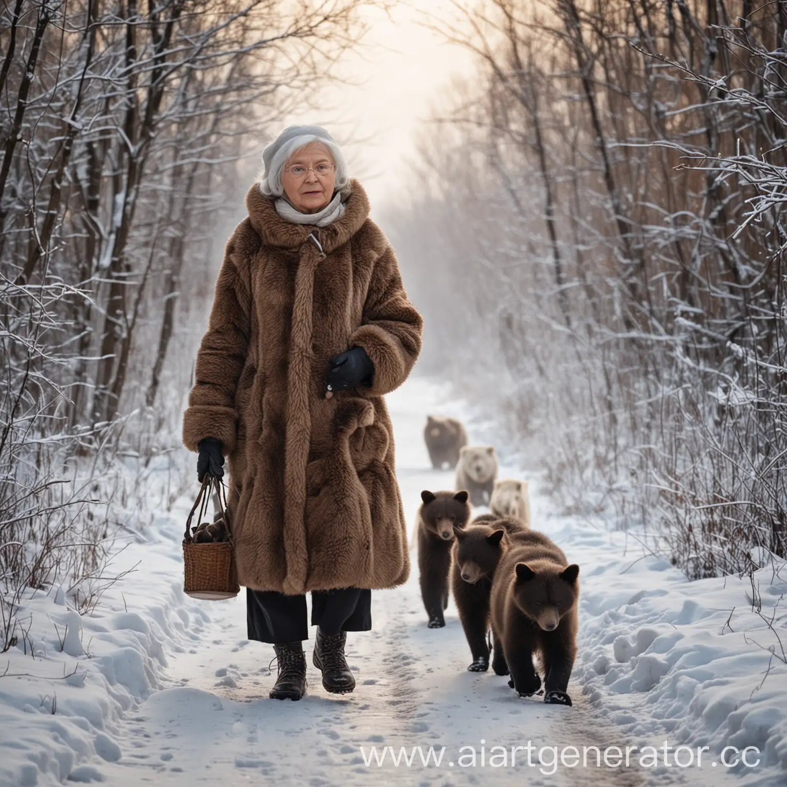 Russian-Grandmother-Walking-with-Cats-and-Bear-in-Winter