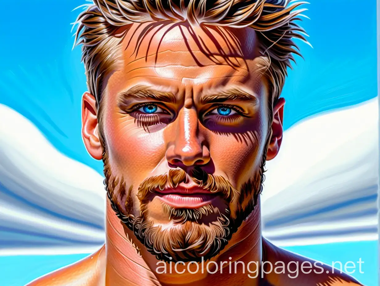 Realistic oil painting of a close-up scene of a macho man with blue eyes and blue sky background, Coloring Page, black and white, line art, white background, Simplicity, Ample White Space.