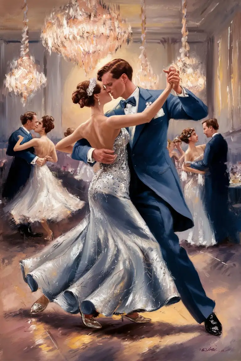 Romantic Impressionist Painting of a Couple Ballroom Dancing in Silver Dresses