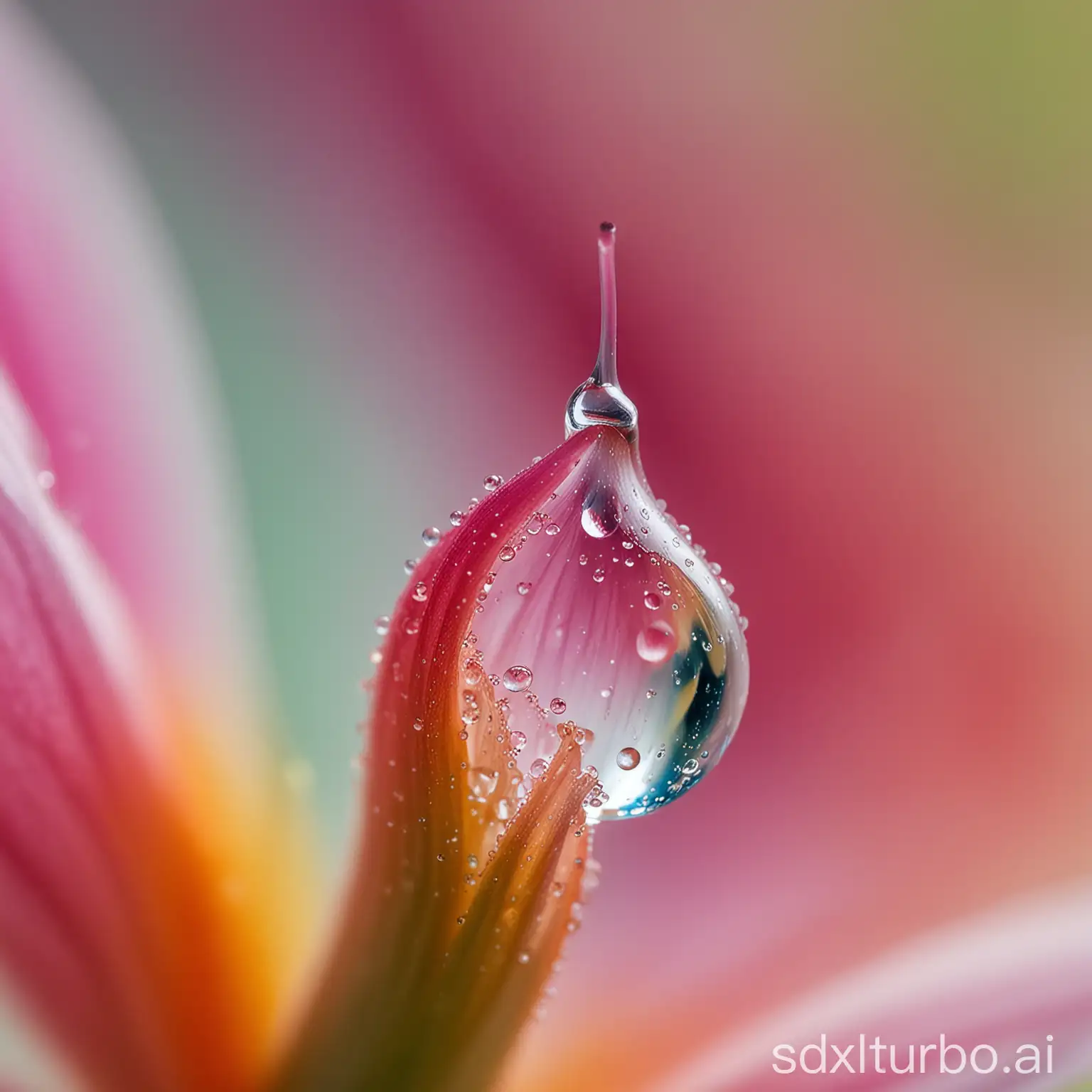 Macro shot of a dewdrop clinging to a delicate, colorful flower petal.