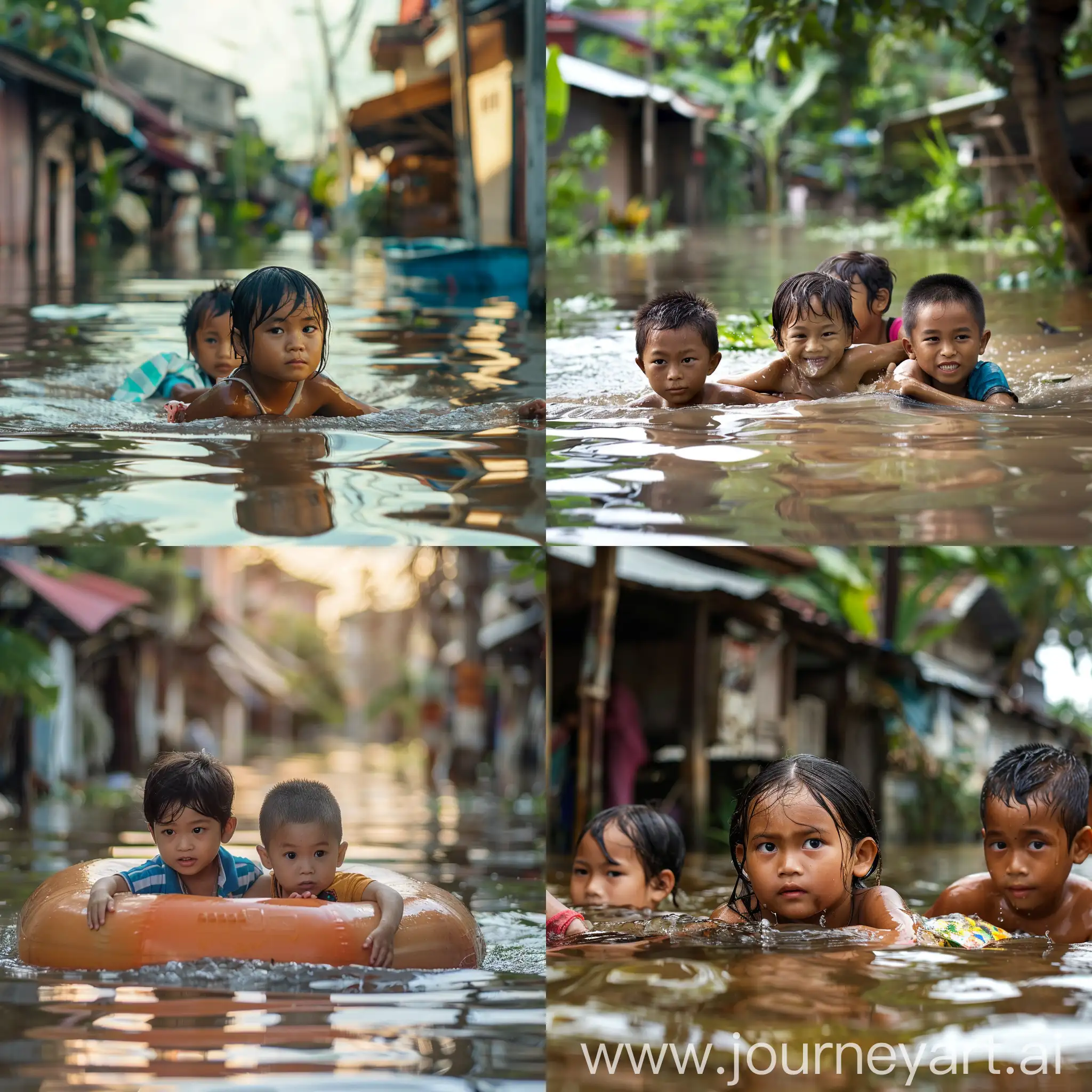 one children wanting help in a flood