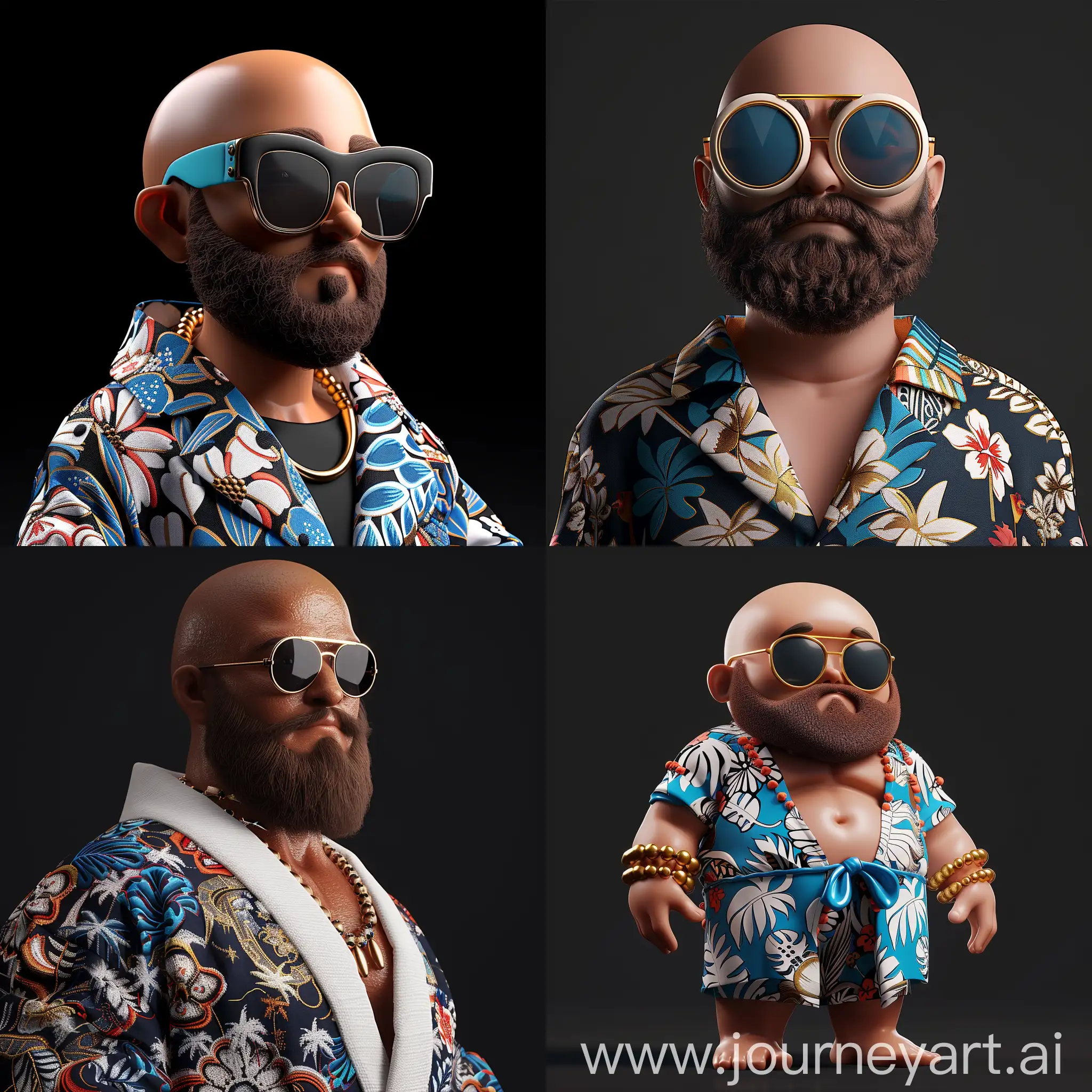 Minimalist-3D-Render-Bald-Man-in-Hawaiian-Attire-with-Sunglasses-on-Black-Background