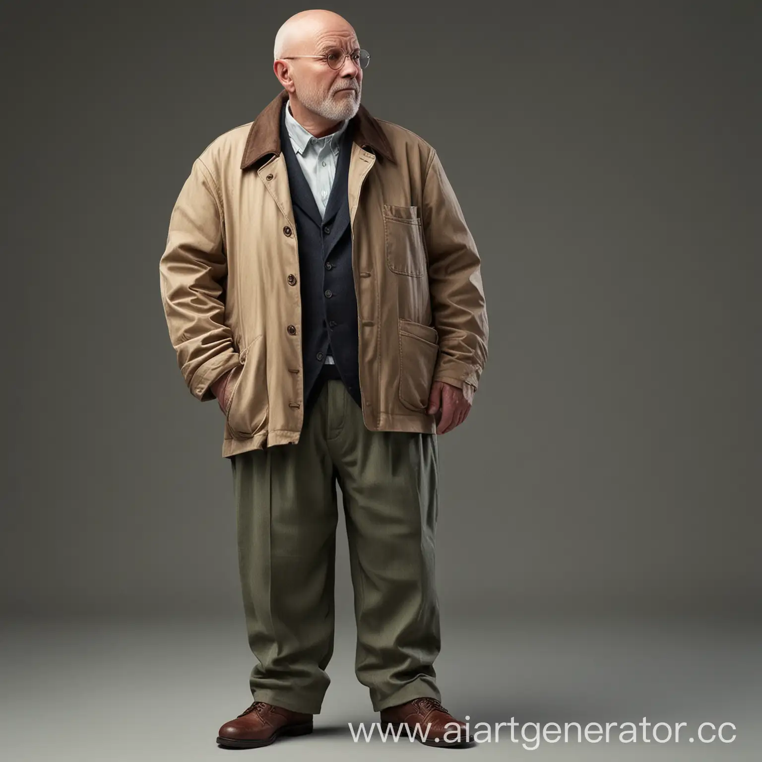 в пиджаке и брюках, толстый, лысый и старый мужчина в стиле 50-х годов 