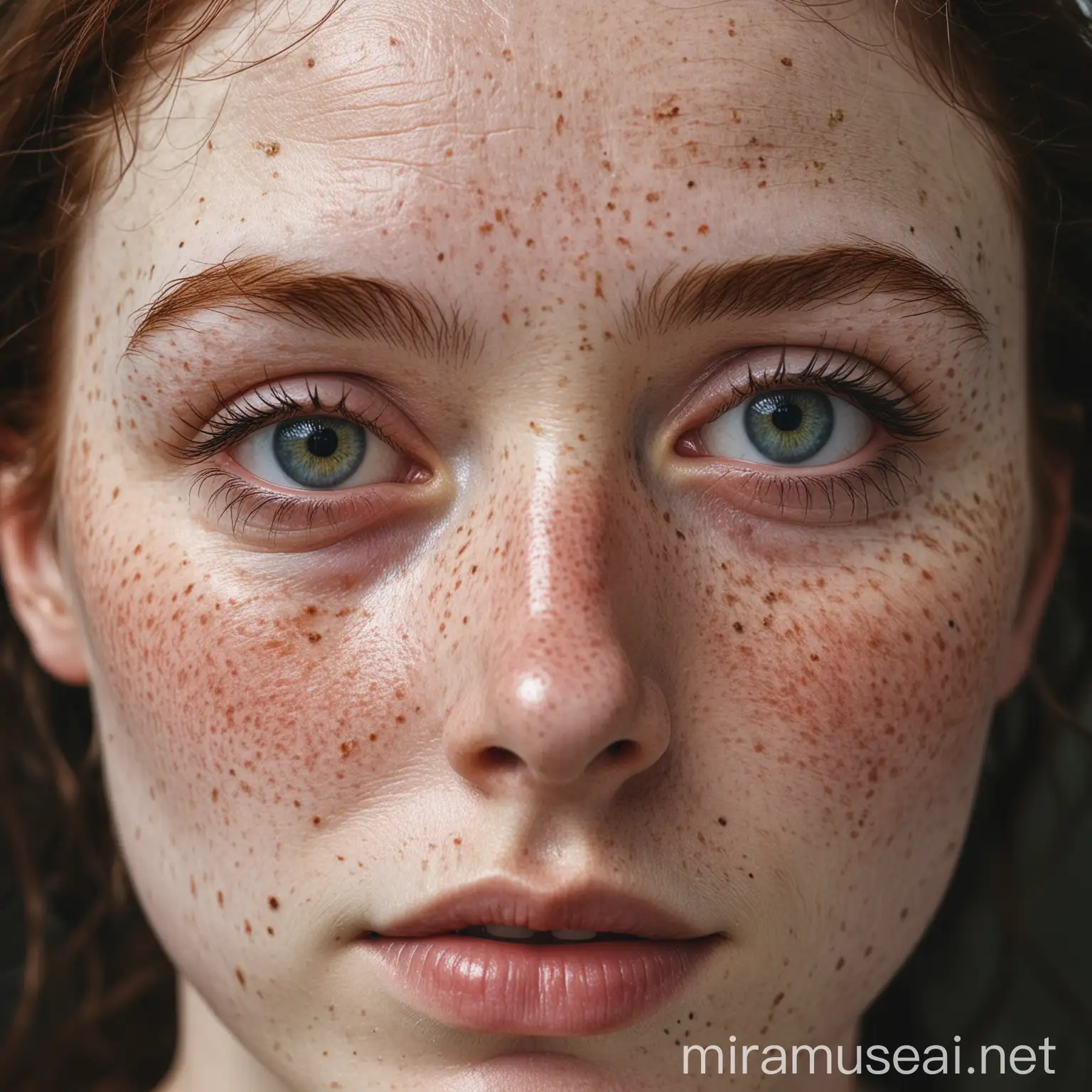 pale face of a woman with freckles, with a congihia on the eye
