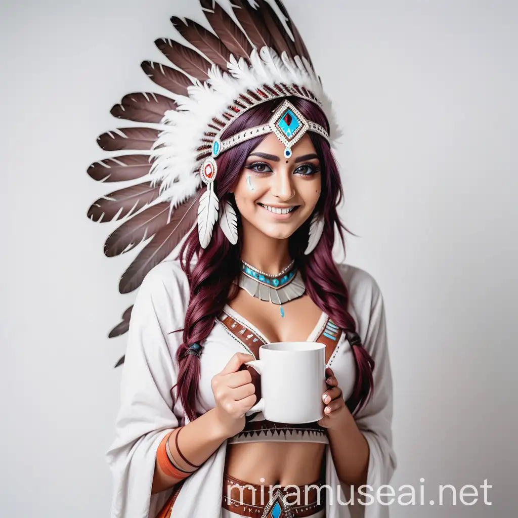 Smiling Indian Charoki Cosplay Girl with Feather Accessories Holding White Mug