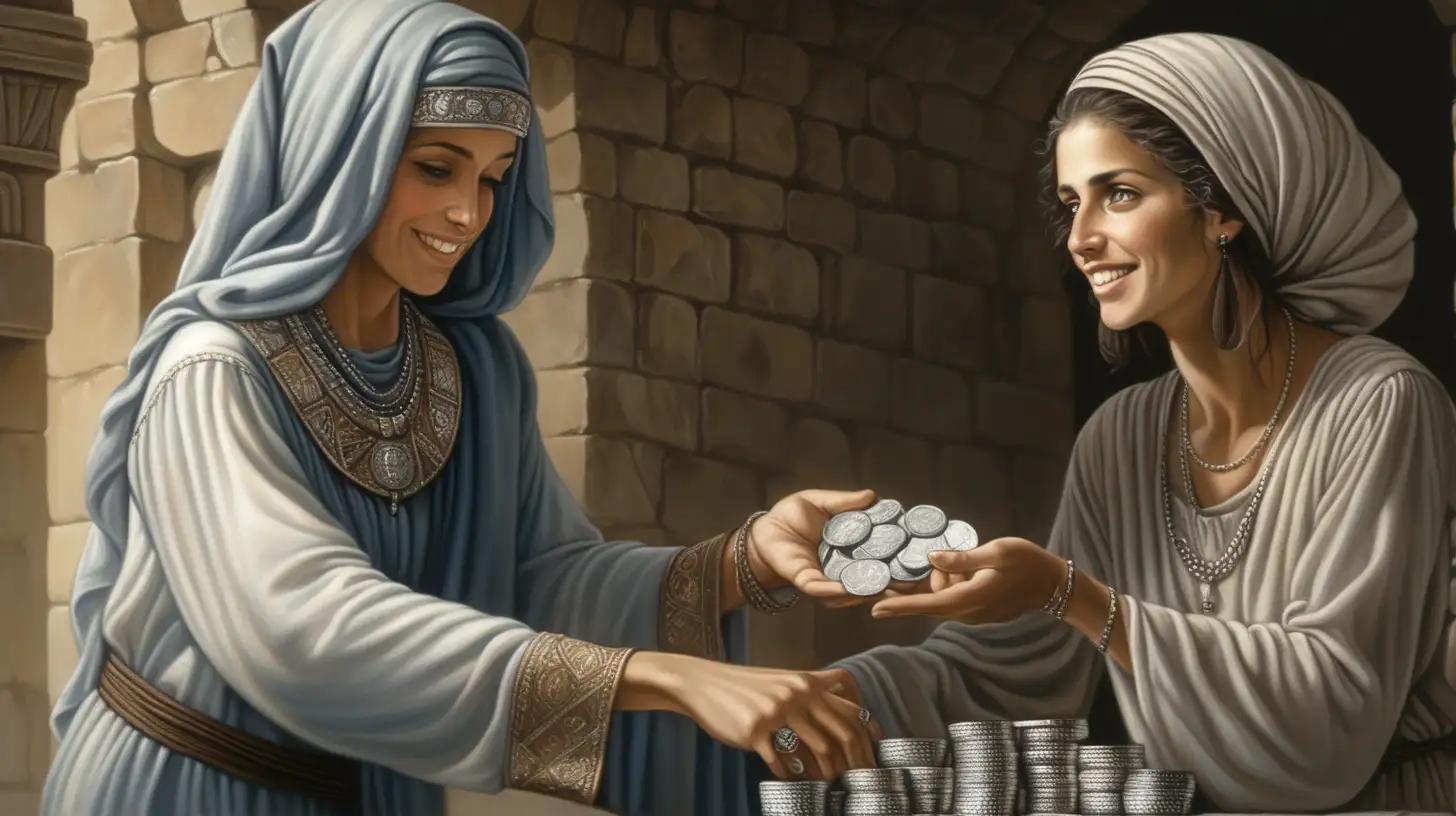 epoque biblique, une riche femme hébreu avec un léger sourire et des manches longues prête une pile de pièces d'argent à une femme hébreu qui a un foulard sur la tête et des manches longues, mains bien détaillées