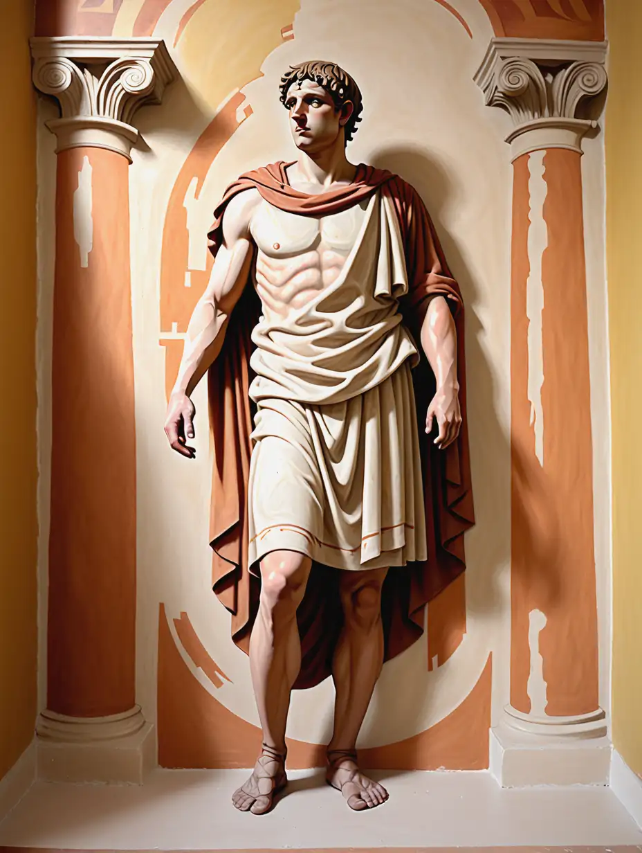 Medieval illustration style, Water based pigments on limeplaster, wallfresco technique, flat perspective, depicting headtoknee Roman male, toga, inspired by Roman style, earth colours, light colour background, 2d