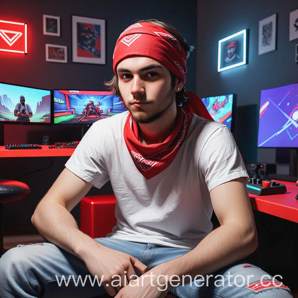 Guy-in-Gaming-Room-Wearing-White-TShirt-and-Red-Bandana