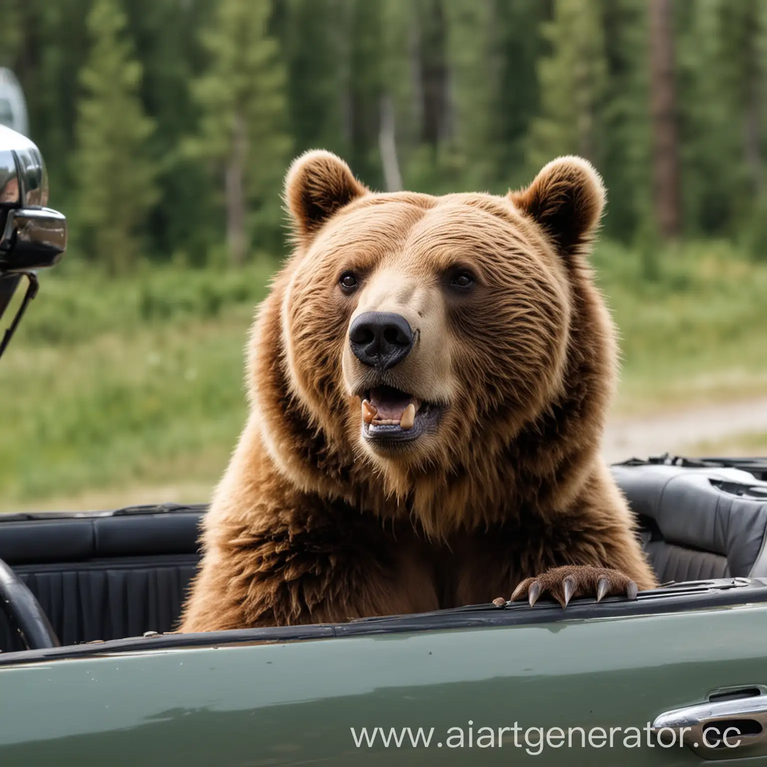 Brown-Bear-Driving-Car-Through-Forest-Landscape