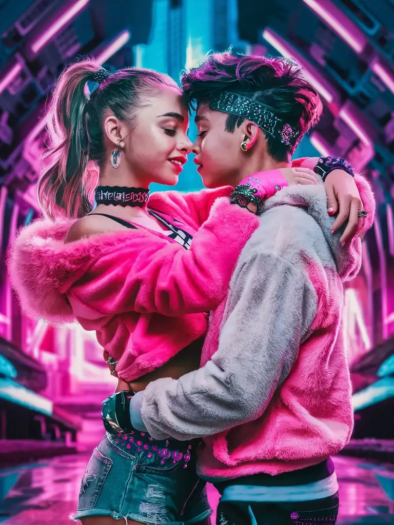 Edgy-Teen-Cyberpunk-Couple-Embracing-in-Neonpunk-Setting
