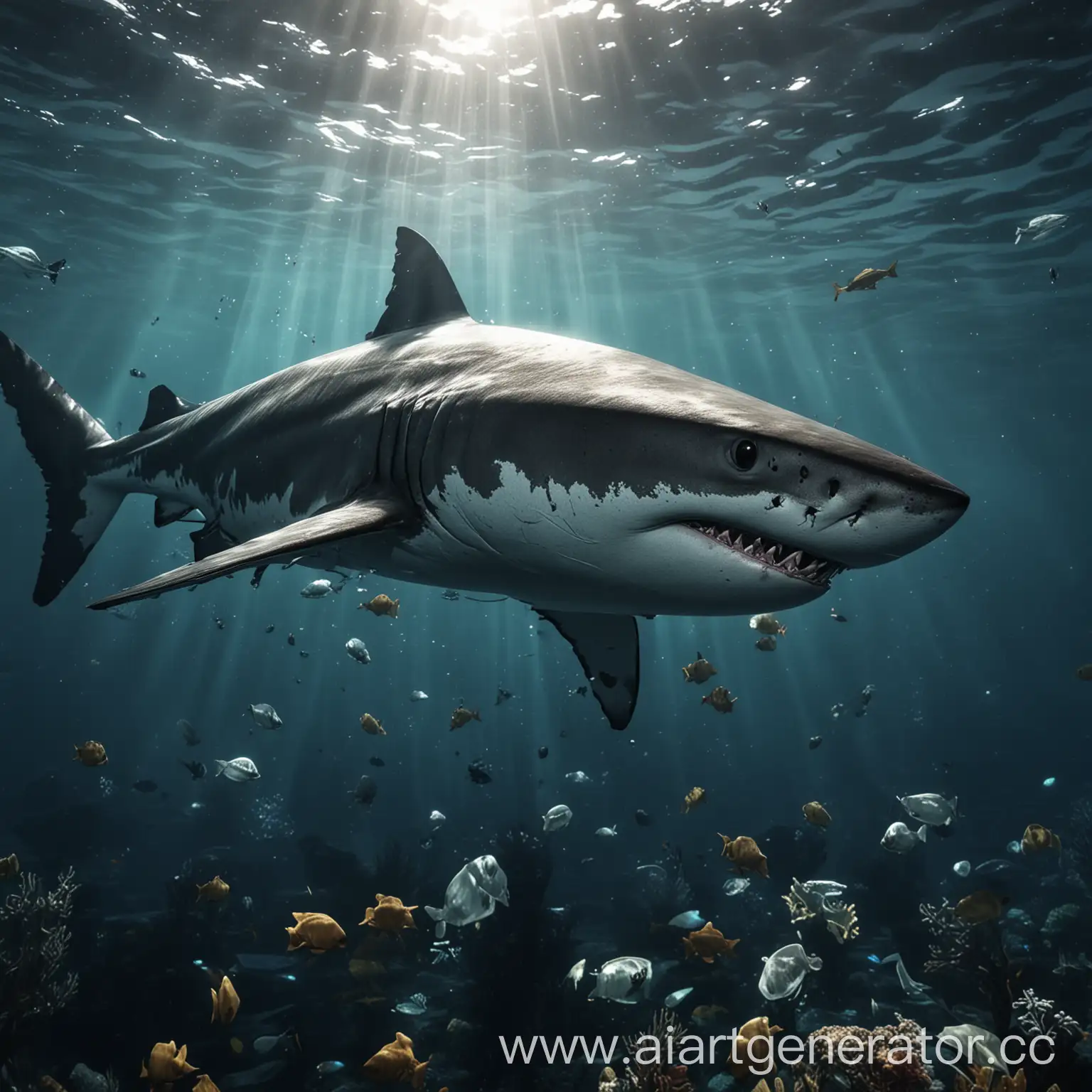 Акула под водой, стиль как в игре, изображение для заставки, ультра качество, красивая акула