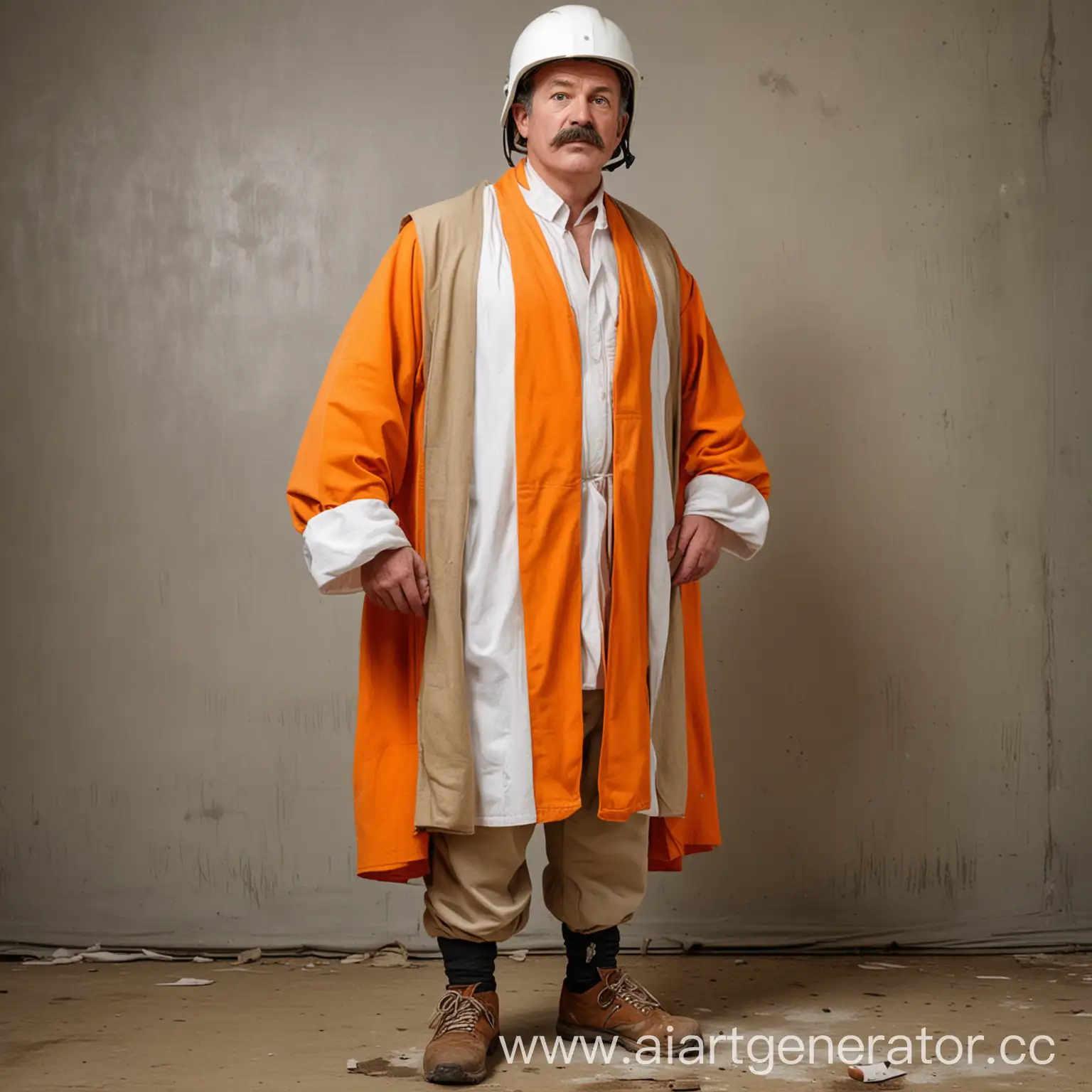 мужик средних лет, с усами, стоит в полный рост, в белой каски, оранжевой жилетки, грязная обувь и роба