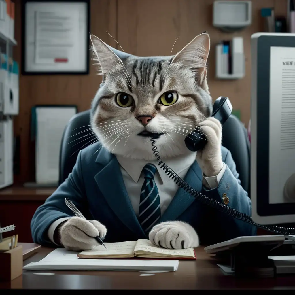 A working cat, on the phone at his desk, writing notes in a notebook with a pen in his hand and a serious expression on his face.